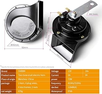 FARBIN Car Horns Kit with Button 12V Truck Horn Loud Train Horn for Car Electric Air Horns (Black Snail horn with harness and button, 12v)