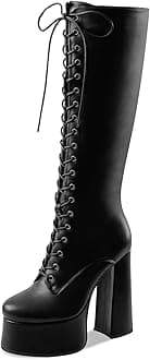 Women's High Chunky Heel Platform Knee High Boots Fashion Leather Lace Up Heeled Long Boots Wide Calf