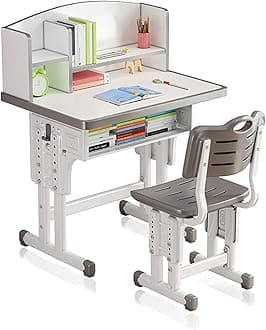 Kids' Study Desk Chair Sets, Adjustable Height, Ergonomic Design, with Large Storage Drawer and Bookshelf, Grey, for Bedroom