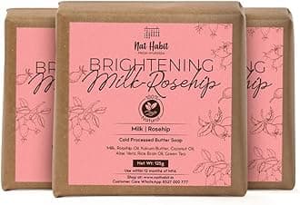 Nat Habit Milk Rosehip Bath Soap with Lactic Acid, Kokum Butter|Cold Processed for Skin Brightening, Anti-Aging & Anti-Acne | Moisturizing Milk Soap, Gentle Exfoliation | Pack of 3 X 125g