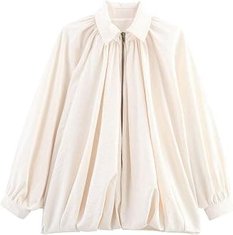 FindThy Women’s Puffed Bomber Jacket Trendy Lapel Collar Long Batwing Sleeve Front Zip Oversized Shirts