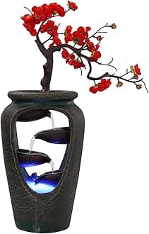 20" Flower Vase Style Bonsai Waterfall Fountain Tabletop Decorative Waterfall with LED Lights and Atomizer, Desktop Water Fountains for Living Room, Cafe Or Office