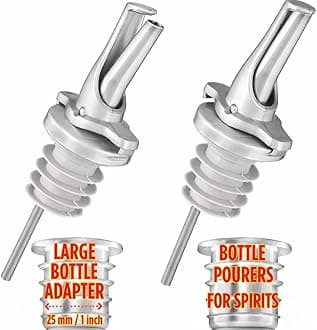 3-in-1 Liquor Bottle Pour Spouts with Built-in Fruit Fly Protection - BPA Free & Dishwasher Safe Hygienic Alcohol Pour Spouts - Also for Olive Oil - Silver 2 Pack with 2 Adapters for Large Bottles