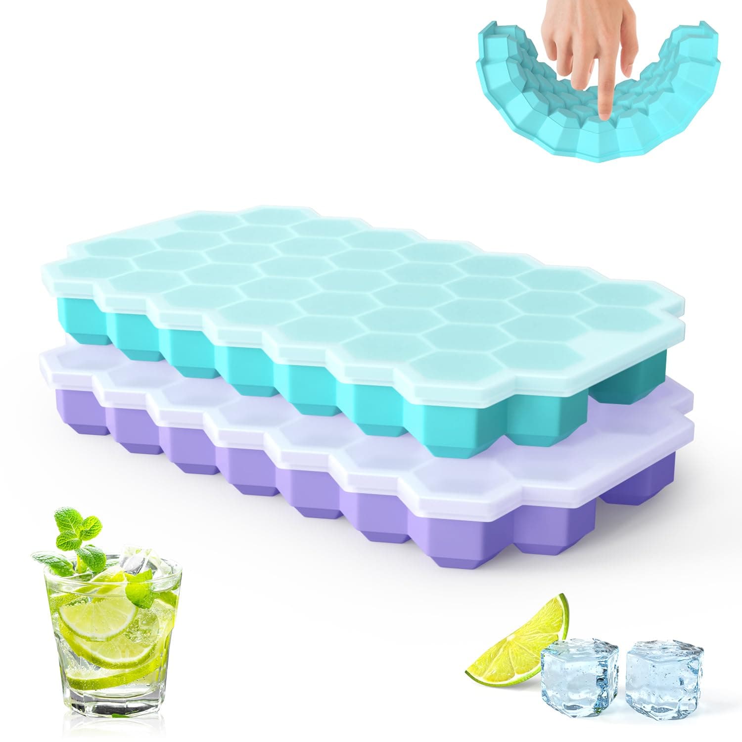 Upgrade Ice Cube Trays, 2 Pack Silicone Flexible Ice Cube Trays with Lid, 76 Cubes Ice Trays for Chilled Drinks, Whiskey & Cocktails, Stackable Flexible Safe Ice Cube Trays1