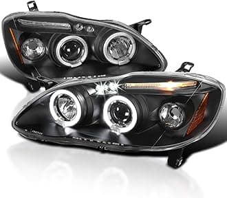 Dual Halo LED Black Projector Headlights Compatible with 2003-2008 Toyota Corolla, Left + Right Pair Headlamps Assembly