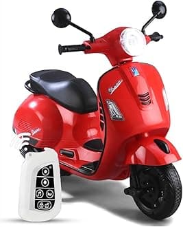 12V Vespa Rechargeable Battery Ride-On Scooter for Kids with Remote Control, Music, LED Lights & Training Wheels - Safe & Fun Electric Motorcycle for Ages 1-6 - Red