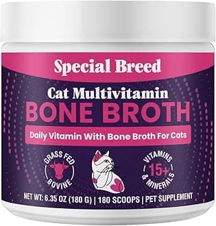 Cat Multivitamin with Grass-Fed Beef Bone Broth – Daily Supplement for Immune, Joint, Skin, Coat & Gut Health – Omega 3s, Lysine, Beta Glucan, Vitamins A-E, C, D – 180 Day Supply – No Fillers