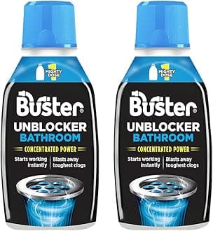 Buster Bathroom Drain Unblocker (Pack of 2 x 300ml) Fast-Acting Sink Unblocker Dissolves Hair, Sludge and Soap, Drain Cleaner Clears Blockages in Shower, Bath and Bathroom Sink Pipes - Made in UK