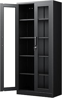 PEUKC Display Cabinet with Glass Doors, 71 Inches Metal Display Case with 4 Adjustable Shelves, Curio Storage Cabinet with Lock for Home, Office, Book, Pantry, Assemble Required (Black)