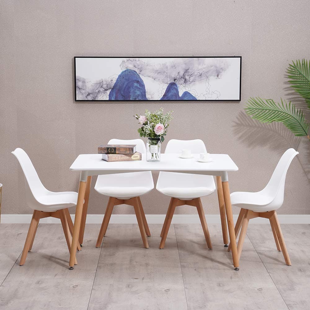 Dining Table and 4 Chairs Set, Modern Design PU Seat Lounge Chair and White Rectangular Kitchen Table with Solid Wood Legs (White * 4 + 120cm)