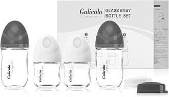 Gulicola Natural Glass Baby Bottles Set 4 Pack, Newborn Boy Breastfeeding Bottles with Slow Flow Nipples, 0 Months+, 3 oz & 5 oz - Black/White