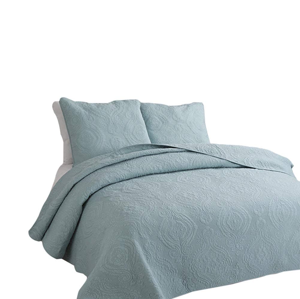 Solid Color 3-Piece Quilt Set 100% Cotton, Bedspread Set, Finely Stitched, Coverlet Bed-Cover, Washable Durable (King, Blue)