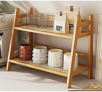 Kitchen Table Spice Rack, Household 2 Tier Mug Storage, Cabinet Coffee Cup, Mug Asphalt Shelf, Simple Bamboo Flower Holder Bookshelf (Wood Colour, Large)