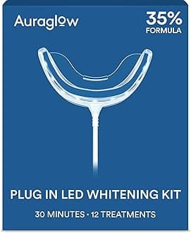 Auraglow Plug-in LED Teeth Whitening Kit – Wired Light Device – 35% Carbamide Peroxide Gel – 12 Treatments – at-Home Tooth Whitening System – Enamel-Safe at-Home Whitening for Coffee & Tea Stains