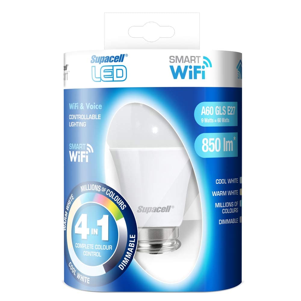 Supacell WiFi Smart LED Light Bulb. GLS A60/ E27. Dimmable White, RGB Wide Beam Colour Changing. Compatible with Alexa, Google Home and Siri. No hub Required., Supacell LED