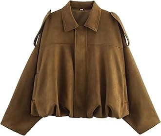 Women's Faux Suede Bomber Jacket Spring Lapel Pilot Coat Casual Oversized Long Sleeves Trendy Streetwear Outerwear