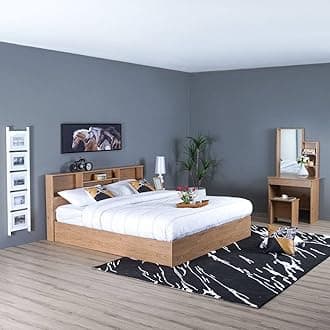 Danube Home Gamorah 5 Pieces Bed Set King Size (180X200Cm) + Night Stand + Dresser And Stool With Mirror | Comfortable Bedset Full | Sturdy Modern Design Wooden Bed Room Set Furniture (Oak)