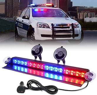 Xprite Windshield Dash Strobe Light Bar Aluminum w/Suction Cups, Deck Visor Hazard Warning Police Federal Signal Flashing Lights for Emergency POV Vehicles Volunteer Firefighter Trucks - Red&Blue