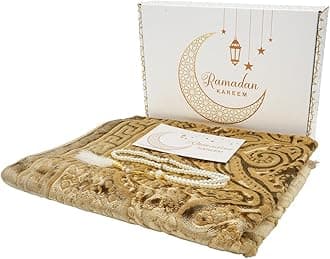 Modefa Luxury Islamic Prayer Rug in Gift Box - Deluxe Gift Set with Prayer Mat & Prayer Beads Tesbih - Soft Plush Turkish Prayer Rug for Men and Women - Ramadan or Eid Gift (Paisley Golden Yellow)