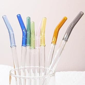 Glass Straws Reusable Straw Shatter Resistant Half Color Sets of 8 Bent Colorful Straws and 2 Cleaning Brushes, 8"x 0.3" Thick Clear Glass Drinking Straw for Tumblers Dishwasher Safe