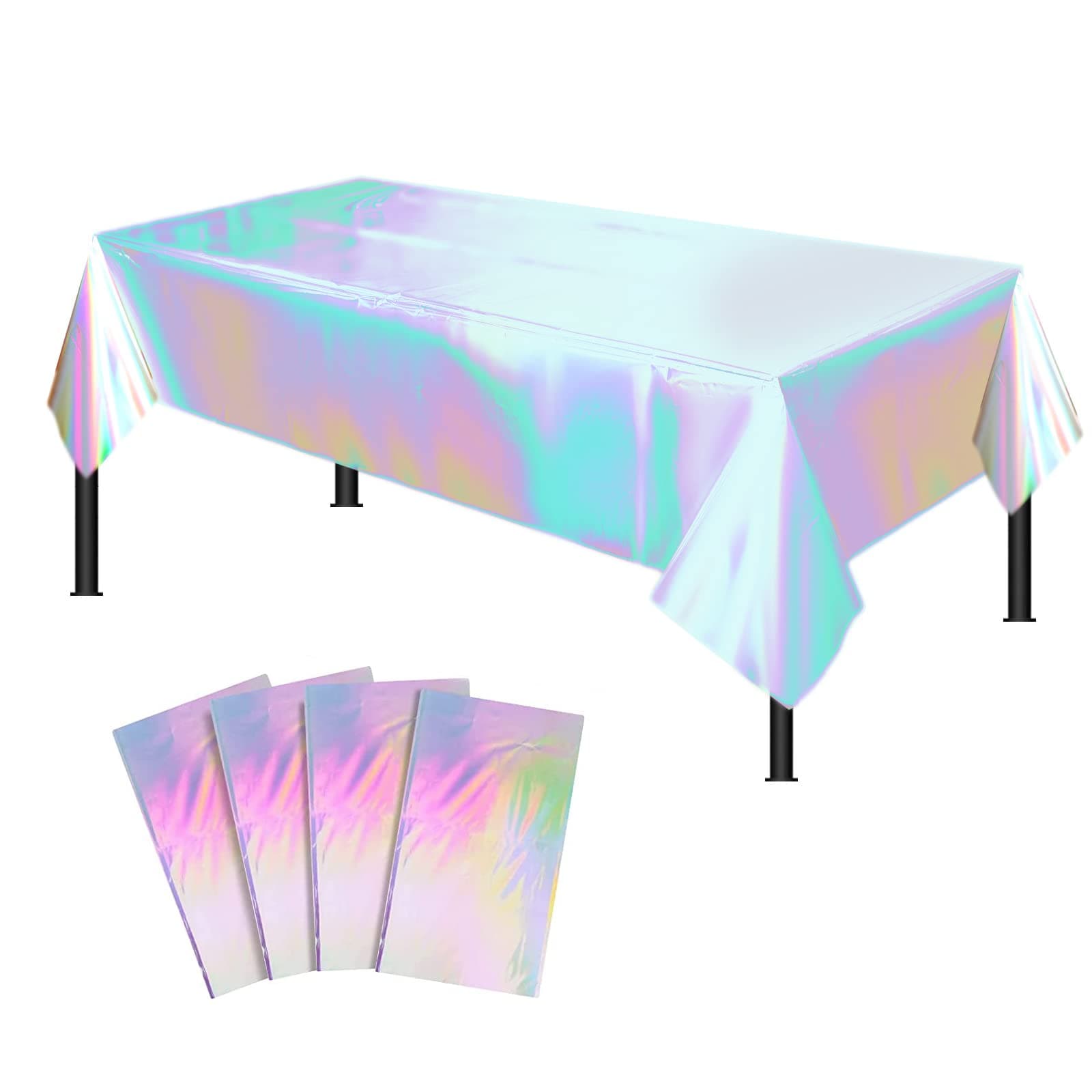 4 Pack Iridescence Plastic Tablecloths Shiny Disposable Laser Rectangle Table Covers Holographic Foil Tablecloth Iridescent Party Decoration Birthday Bridal Wedding Christmas 54" x 108"