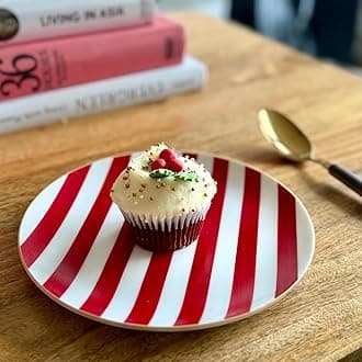 GOLDEN QUEEN'S Snack Plates Set of 4 | Perfect for Snacks, Desserts, Appetizers, Salads, Tapas, Cheese | 7 inches Wide | Microwave Safe (Red Stripes)