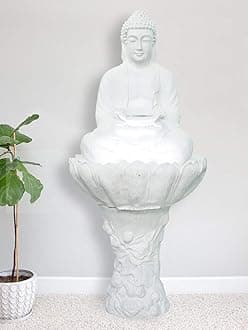 Big Kamal White Buddha Fiber Indoor Outdoor Fountain with Pillar & Led Lights for Home Decor and Office Decoration Or Gifting (65 x 50 x 127 cm)