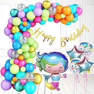 Party Town Mermaid Theme Decoration Combo for Boys and Girls Birthday Party With Pastel Balloons, Foil Balloons, Star Foil, Balloon Arc, Glue Dots - (Pack of 56)