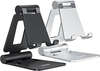 Nulaxy 2 Pack Fully Aluminum Dual Folding Cell Phone Stand, Adjustable Foldable Desktop Phone Holder for Desk Compatible with iPhone 17 16 15 14 13 12 11 Pro Max Xs Xr X 8, All Phones, Black & Silver