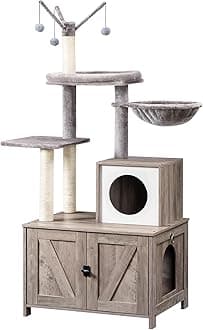 HOOBRO Cat Tree for Adult Cat, Cat Tower Indoor with Cat Scratching Post, Wooden Kitten Tree Condo with Hidden Kitten Litter Box Enclosure, Multi Level Cat Tree for Big Cats, Greige EBG15MZ03
