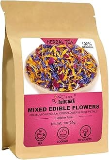 FullChea - Mixed Edible Flowers - 1oz/29g - Natural Dried Calendula, Cornflower, and Rose Petals - Culinary Grade - Cake Decorations - Caffeine-Free - Perfect for Cakes & Drinks