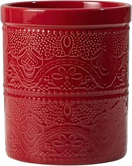 FE FUN ELEMENTSLarge Kitchen Utensil Holder, 7.2'' Heavy and Stable Lace Emboss Ceramic Crock for Countertop (Red)