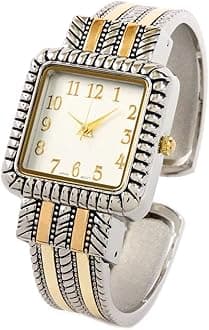 2Tone Western Style Decorated Square Face Women's Bangle Cuff Watch