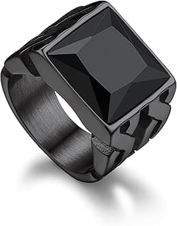 Gemstone Signet Rings for Men, Stainless Steel Fancy Cut Cubic Zirconia Rings Blue Topaz/Emerald/Black Onyx/Ruby Ring Statement Ring Wedding Ring Size 7-14