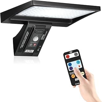 JESLED Solar Security Lights, 104 LED Motion Sensor Lights Outdoor, Remote Control, IP65 Waterproof, 3 Color Temperatures, 4 Modes Outside Lights Solar Powered for Yard, Garage, Garden (3CCT 1 Pack) [Energy Class A]