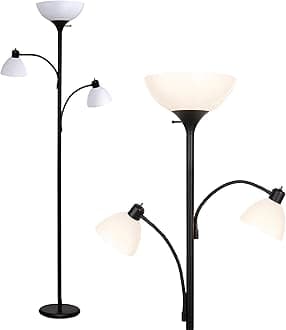 Sky Dome Double LED Floor Lamp, Torchiere Super Bright Floor Lamp with 2 Reading Lamps for Living Rooms & Offices - Dimmable Tall Standing Lamp for Bedroom Reading - Tall Black Pole