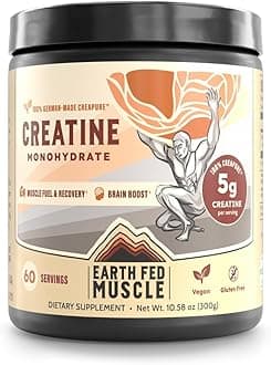 Earth Fed Muscle Creatine Monohydrate Powder — 300g, 60 Servings | German Creapure Creatine for Strength, Power & Muscle Growth | Unflavored, Mixes Clean, No Fillers