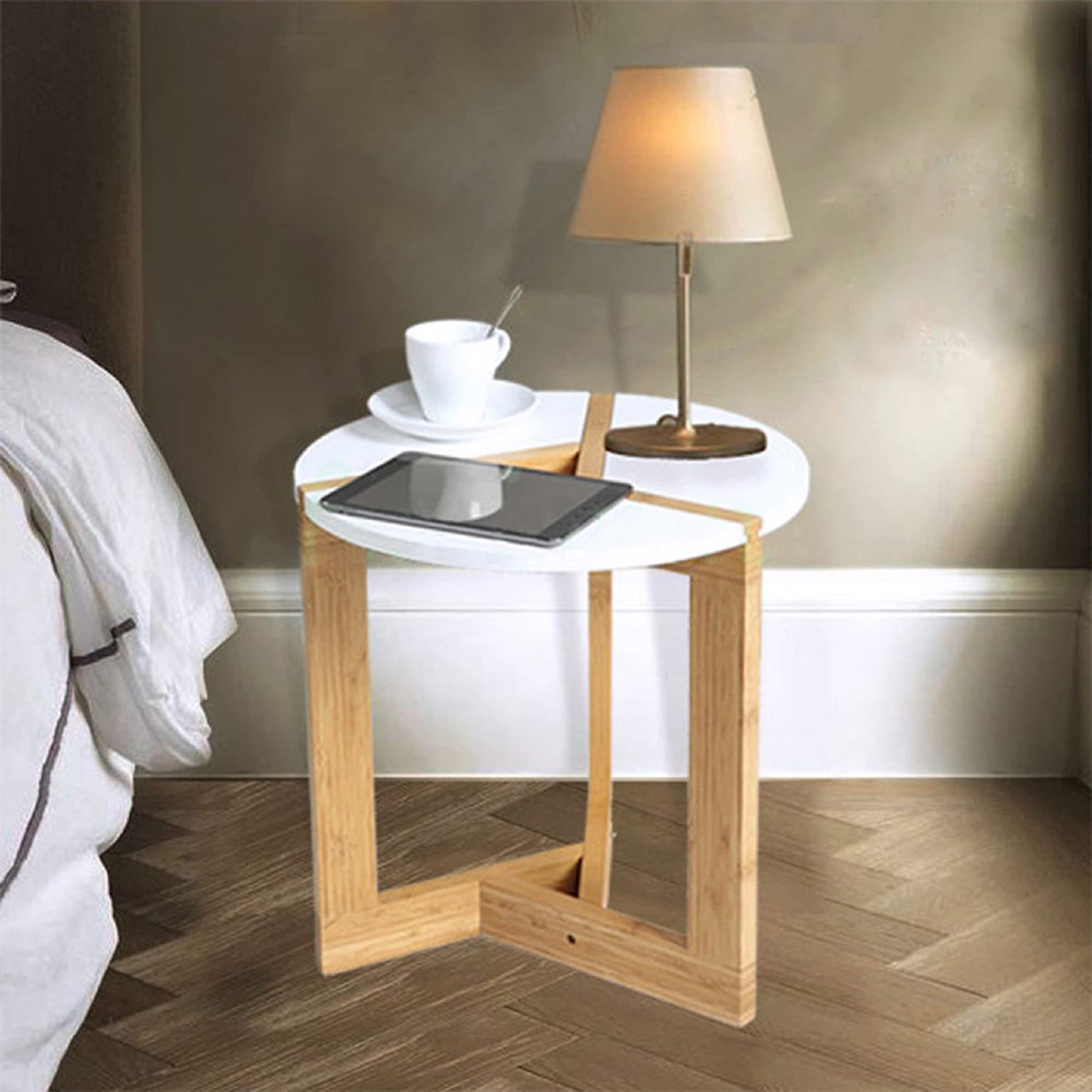 Modern Round Side Tea Coffee Table Small White End Tables Living Room Bed Room Bar Hotel Bamboo Leg(Dia 40cm)