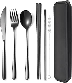 6 Pieces 18/8 Stainless Steel Flatware Set Portable Reusable Cutlery Set Travel Utensils Set Including Chopsticks Knife Fork Spoon Straws Cleaning Brush Dishwasher Safe (Black)