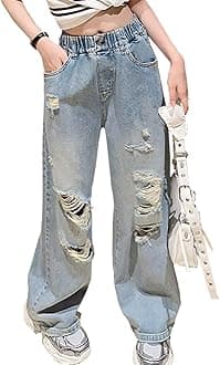 NABER Kids Girls Elastic Waist Cool Ripped Jeans Washed Denim Wide Leg Ripped Denim Jean Age 5-15 Years