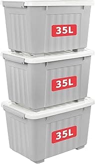 Cetomo 35L*3 Storage Boxes with Lids, Plastic Storage Box with Wheels and Secure Side Latches, Stackable & Nestable Organizer for Home, Office, Moving, PP, Gray, 35L-3 Pack