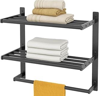 Hotel Towel Racks for Bathroom Wall Mounted, BETHOM Towel Shelf for Bathroom 3-Tier, 16 Inch Matte Black Towel Bar with Shelf