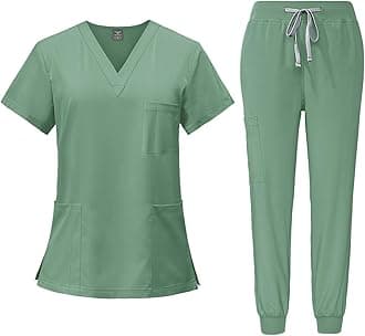 Scrubs Uniforms Women Set, Female Medical Uniforms & Scrubs Durable Short Sleeve V Neck Tunic Top and Pants with Pockets, Beauty Tunics for Women UK Nursing Workwear Suits for Beauty Center