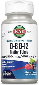 KAL Vitamin B-6 B-12 Methyl Folate ActivMelt, Vitamin B Supplement, Heart Health, Energy and Red Blood Cell Support with Methyl B12 and DFE Folic Acid, Natural Berry Flavor, 60 Servings, 60 Micro Tabs
