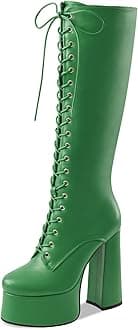 Perisis Women's High Chunky Heel Platform Knee High Boots Fashion Leather Lace Up Heeled Long Boots Wide Calf