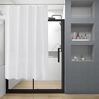 EurCross Short Shower Curtain 150cm Drop with 8 Free Hooks, Water repellent White Fabric Stall Shower Curtain 120 x 150 cm Long,Easy Clean Machine Washable