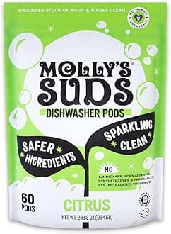 Molly's Suds Dishwasher Pods | Natural Dishwasher Detergent, Cuts Grease & Rinses Clean (Residue-Free) for Sparkling Dishes, Biodegradable Auto-Release Tabs (Citrus – 60 Count)2. The 。 A