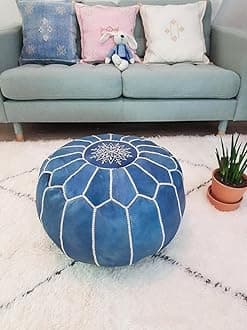 DELORM Blue Leather Moroccan Pouf, Natural Dye Blue, Ottoman Floor Pillow Cushion, Unstuffed