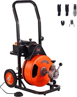 VEVOR Drain Cleaning Machine 75FT x 3/8 Inch, Sewer Snake Machine Auto Feed, Drain Auger Cleaner with 4 Cutter & Air-Activated Foot Switch for 2" to 4" Pipes, Orange, Black