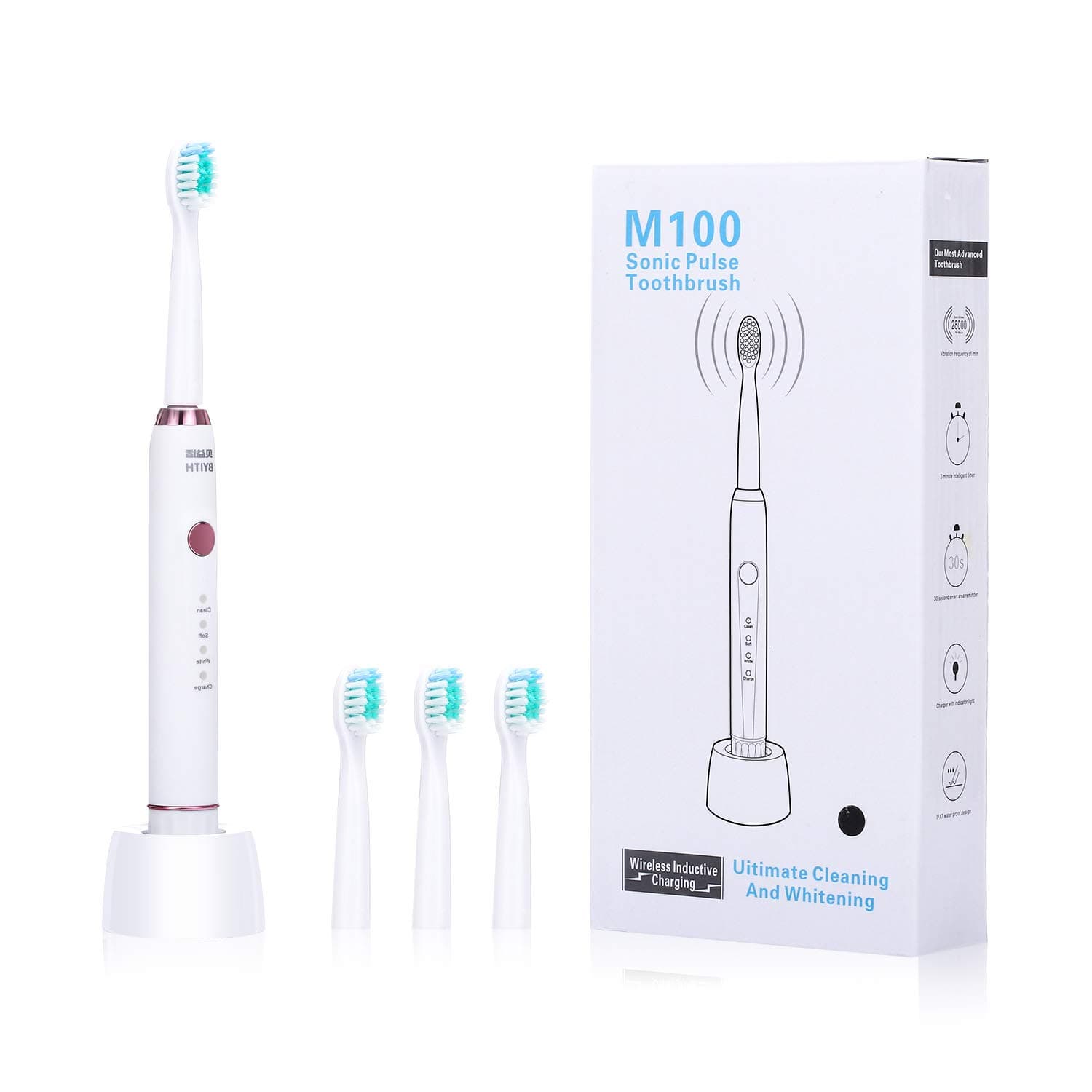 Sonic Toothbrush with Powerful Ultralsonic Vibrating Slim Design 3 Modes Waterproof IPX7 Powered Toothbrush with Wireless Charging (White)
